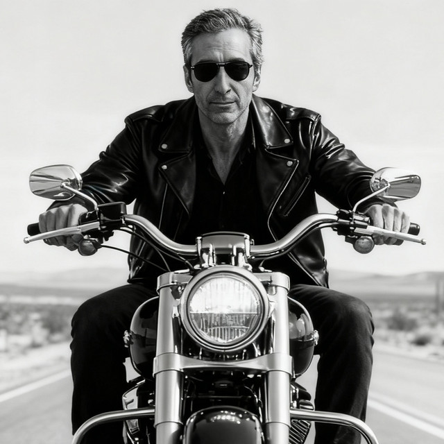 AI-created depiction of Joel Hart on a motorcycle